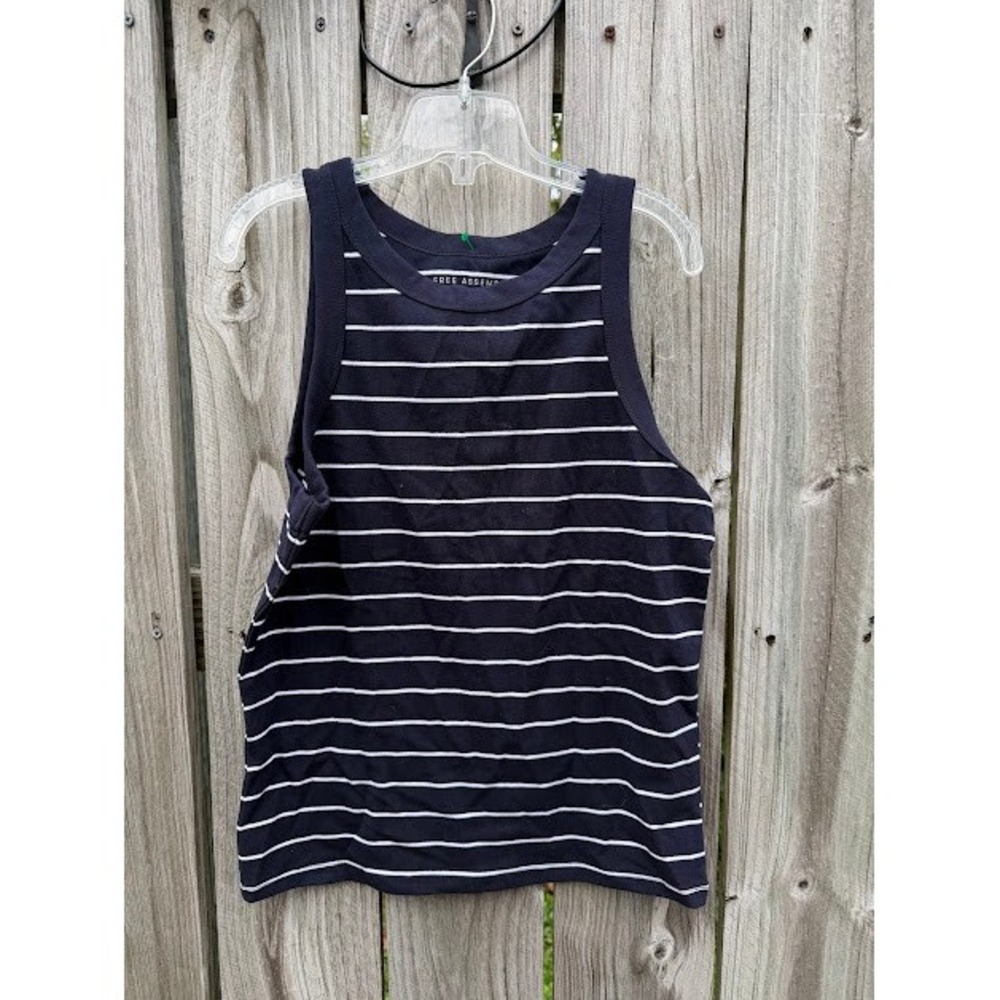 Nautical Preppy Free Assembly Tank Top Large Navy Blue Striped Ribbed Racerback